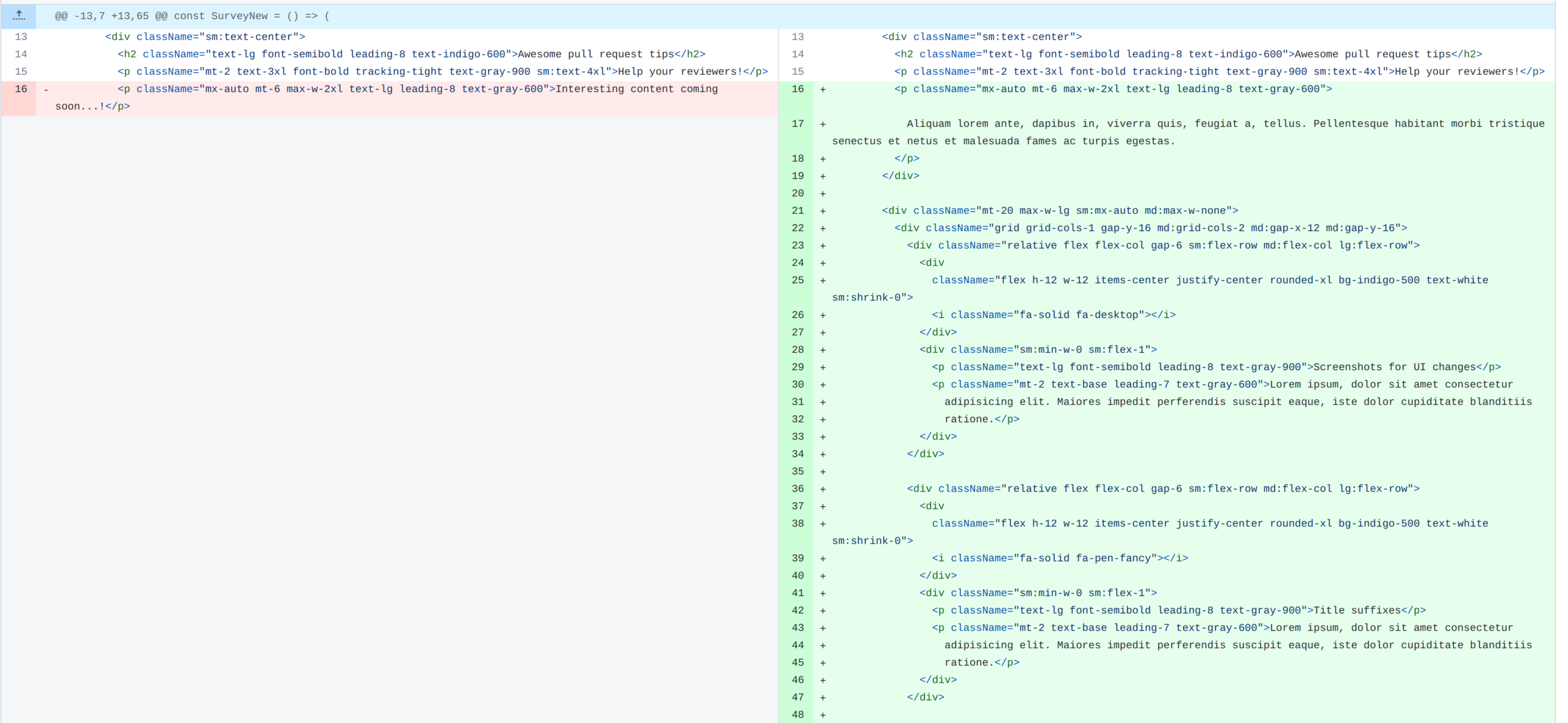 GitHub pull request showing side by side differences