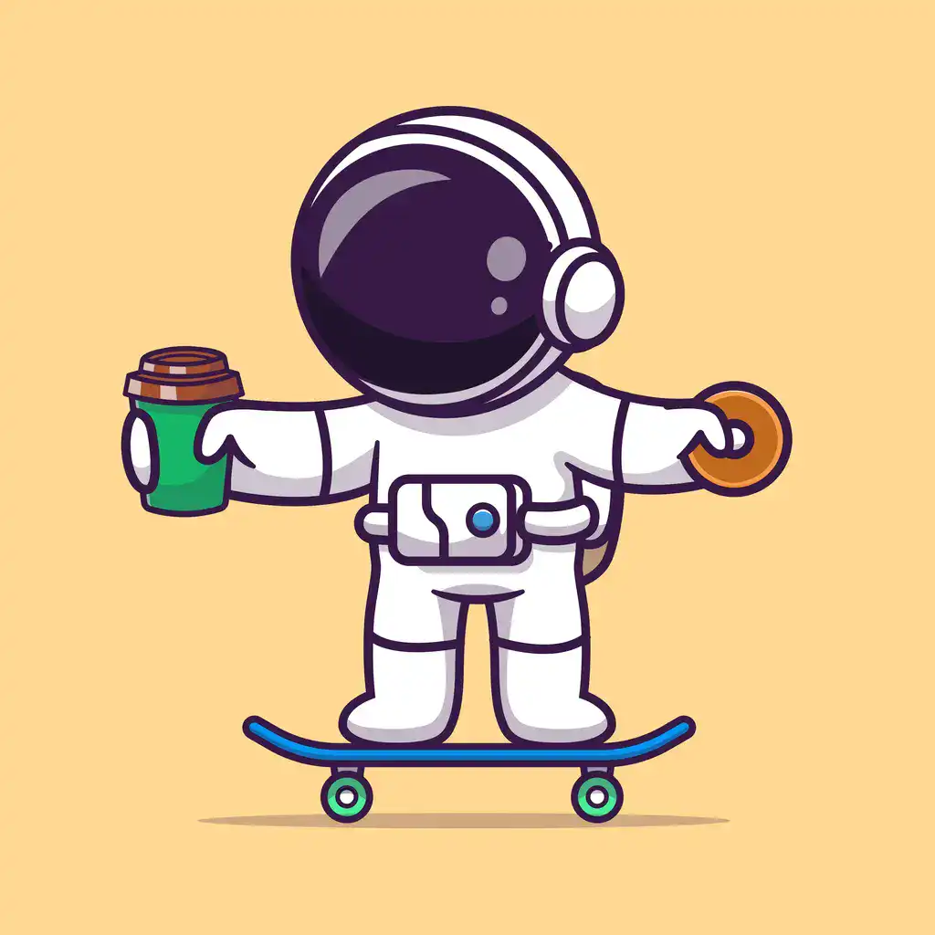 Astronaut playing skateboard with coffee and donut.