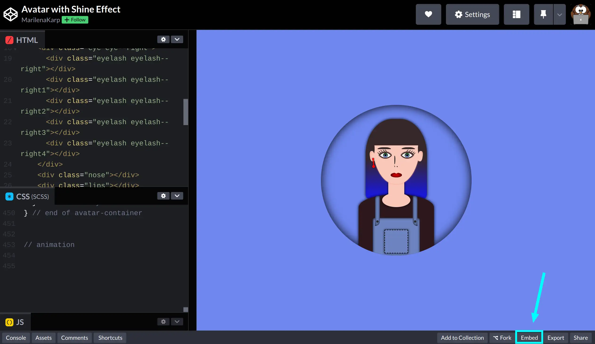 Codepen screesnshot - Embed button located on bottom left on Codepen project