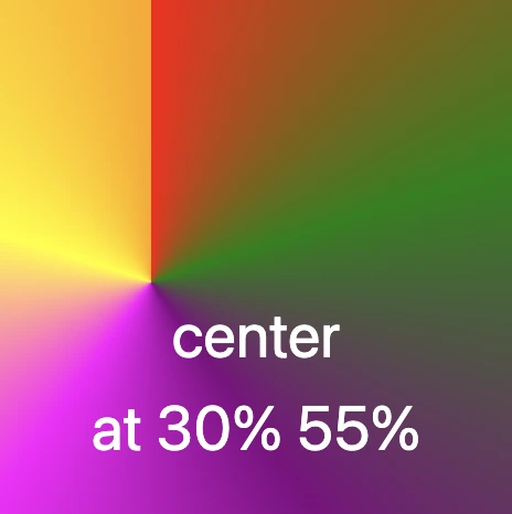 Conic-gradient with many colors where the center is at 30% across and 55% down.