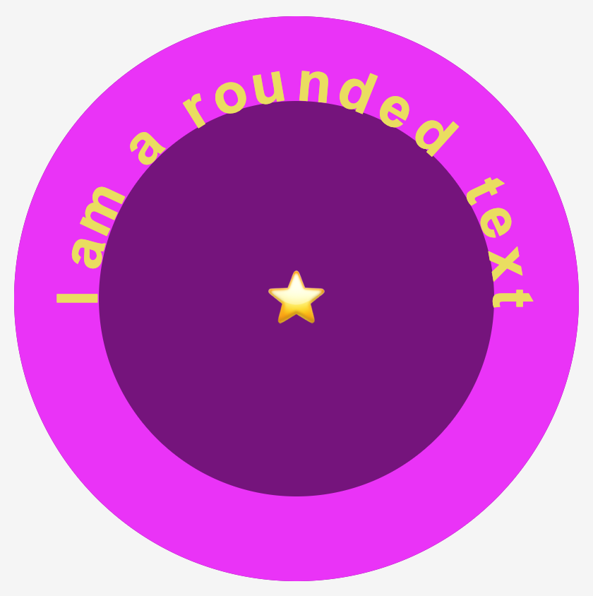 An image showing a purple ciclic shape with a big (60 pixels) magenta inset shadow. It has an also rounded shape text that says: "I am a rounded text". In the center of the ciclic shape stands a star.