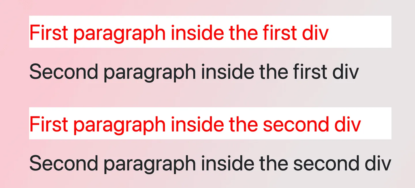 Four paragraphs colored black. The first paragraphs are colored red with white background as we set the first child css selector.