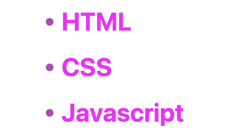 This image shows an unordered list with three list items inside. The list items have color magenta while a grayscale effect is applied to the bullets using filter: grayscale(50%), rendering them with a 50% intensity of grayscale.