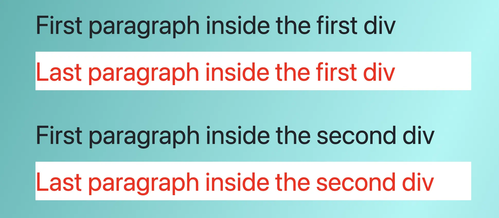 Four paragraphs all colored by default black, apart from the second and last one which has color red and background color white.