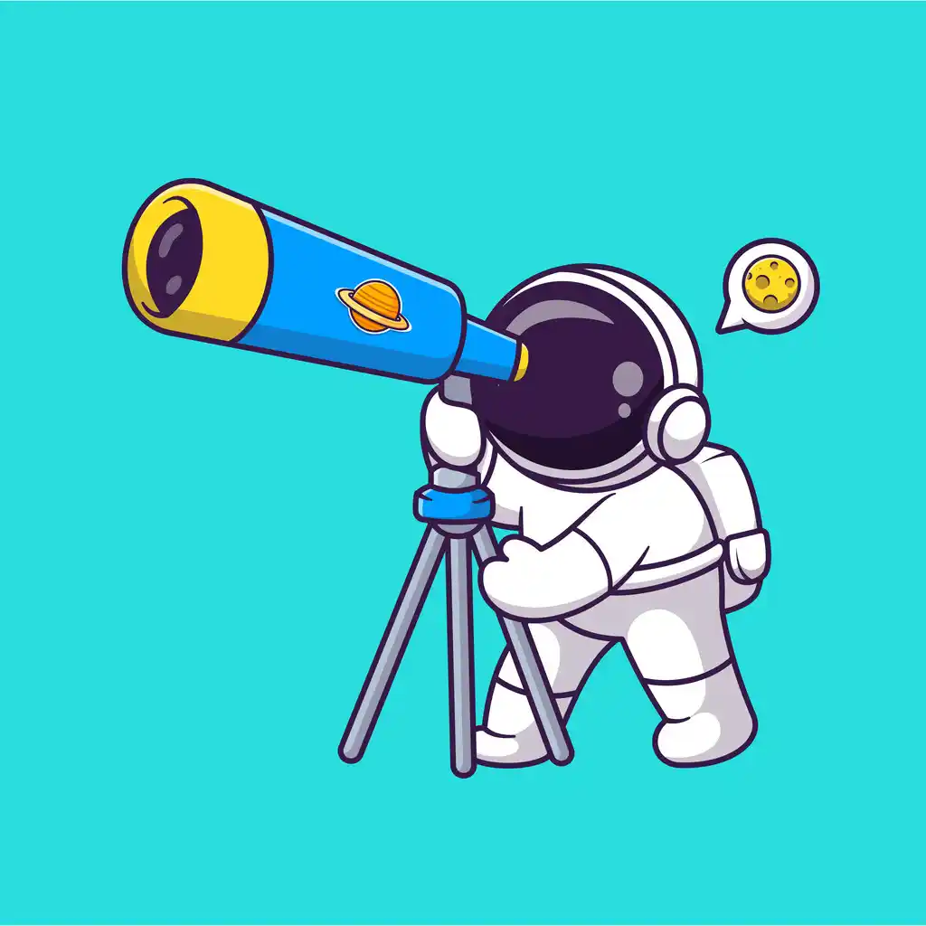 Astronaut looking at the moon through a telescope