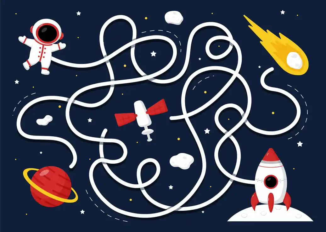 A maze with an astronaut and various elements all around