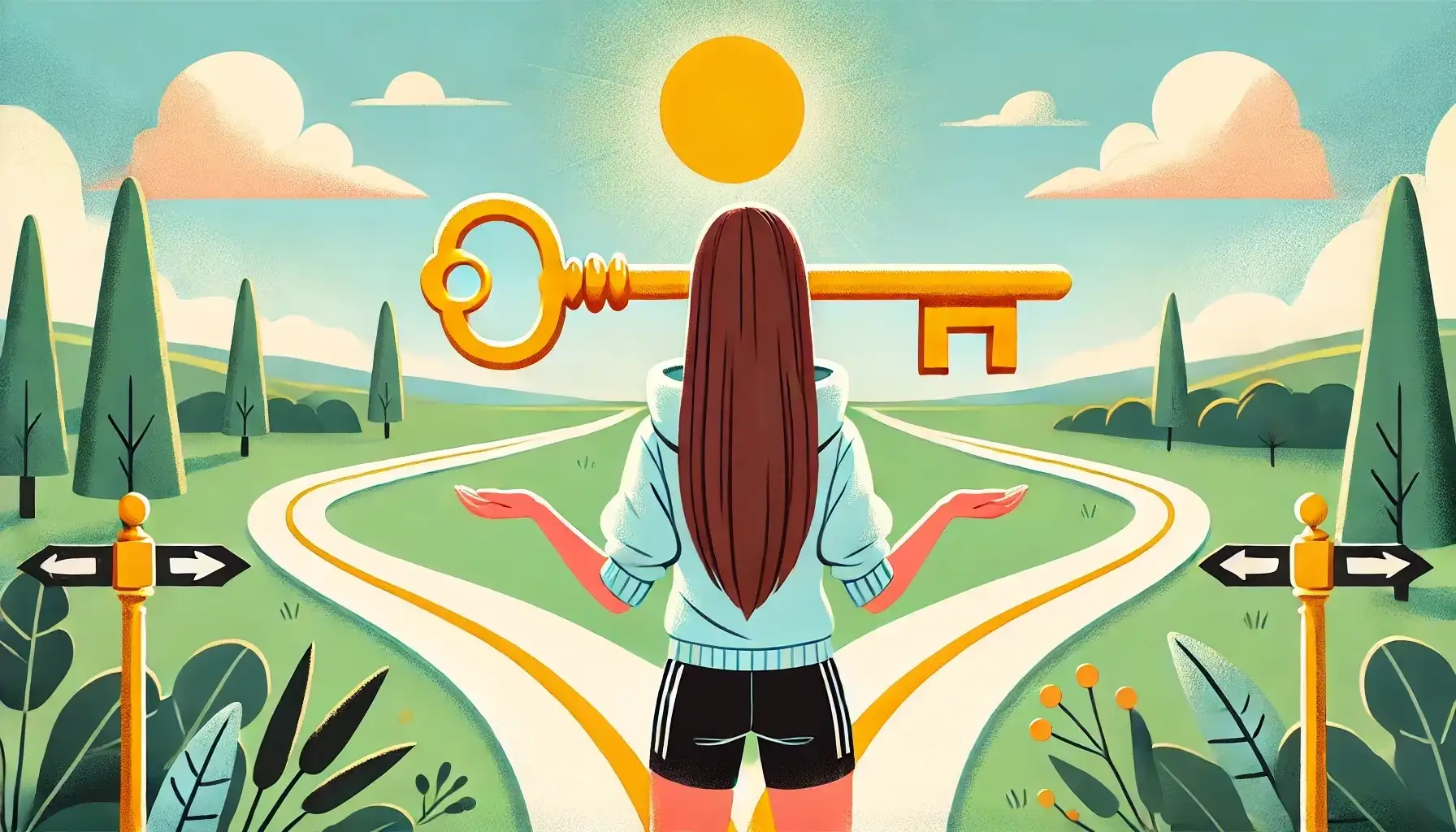 A woman in front of a crossroad looking at a key