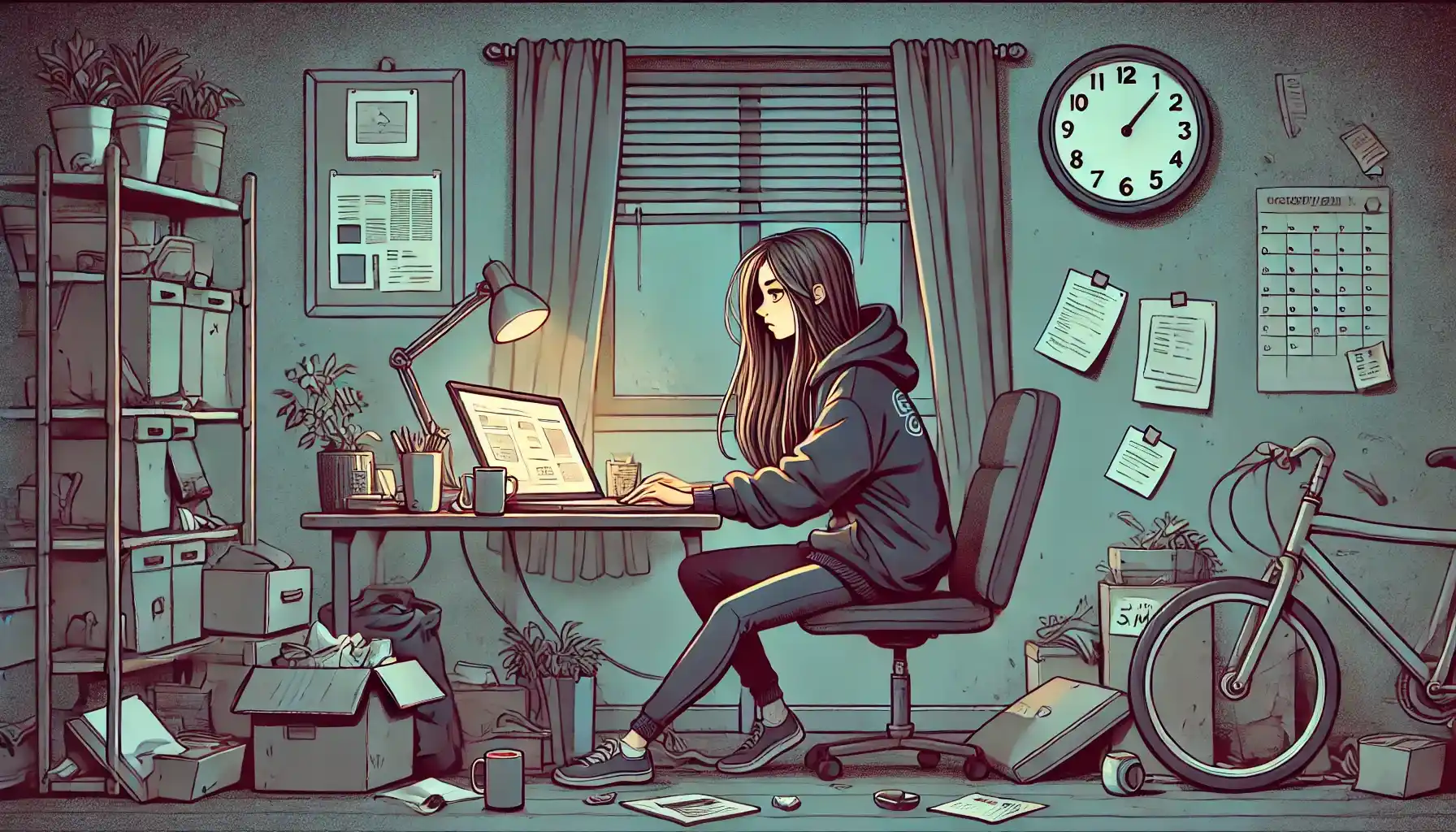 A neglected woman working in a messy room in front of a computer in the dark