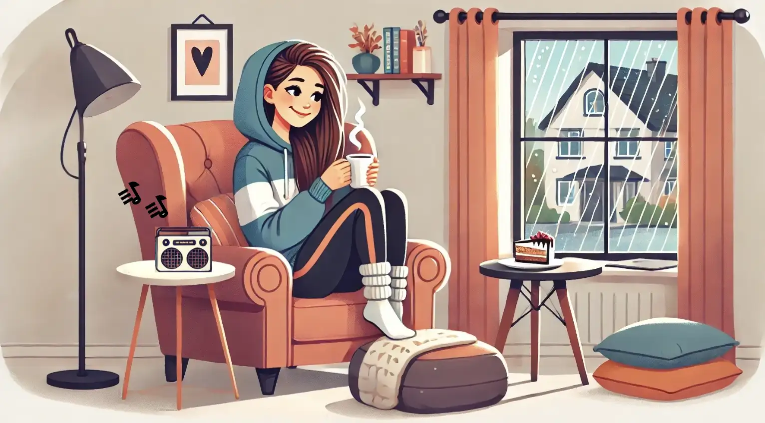 A happy woman sitting in an armchair drinking coffee, eating cake and listening to the music while looking the rain outside the window