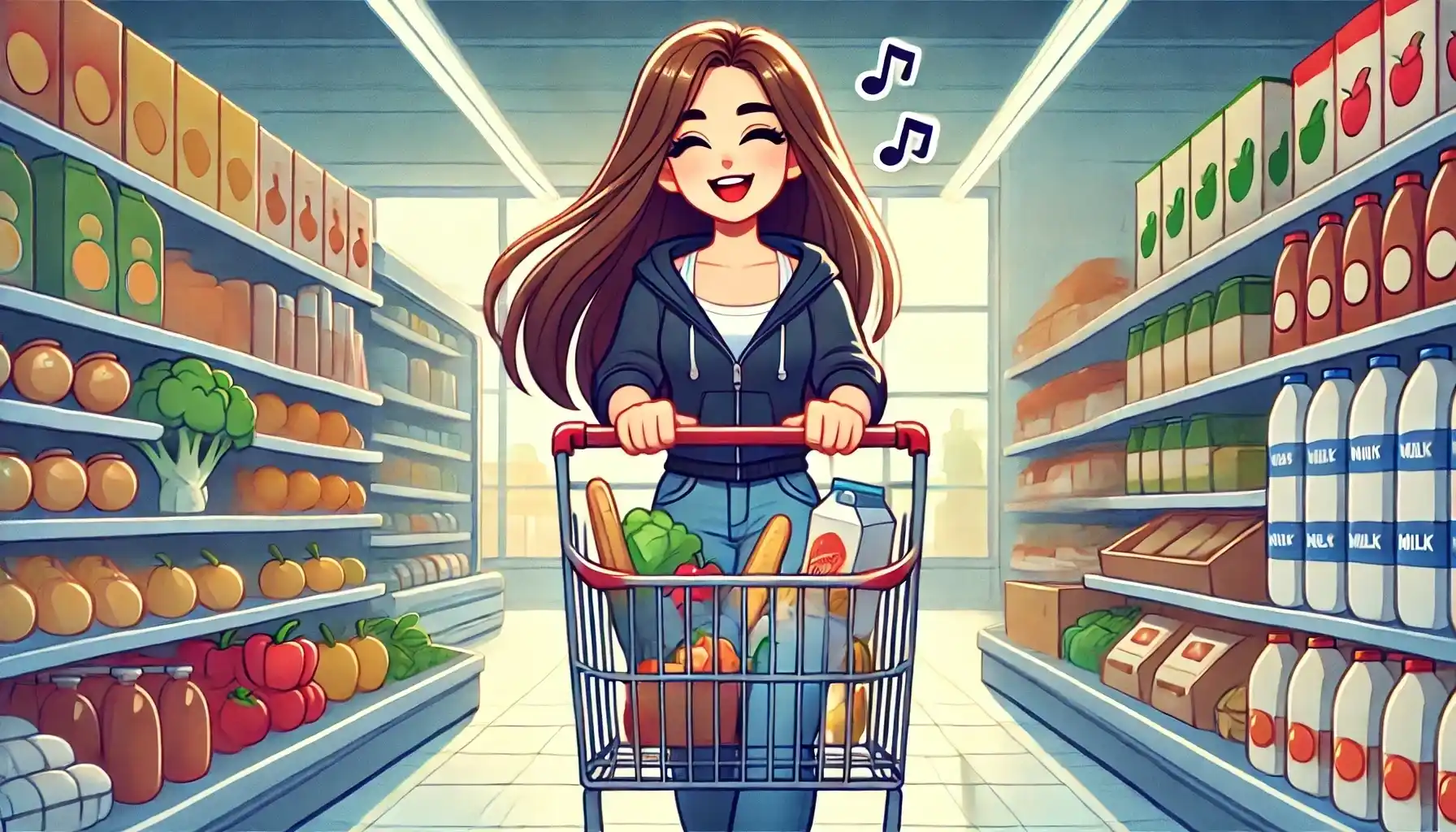 A woman singing while shopping in a supermarket