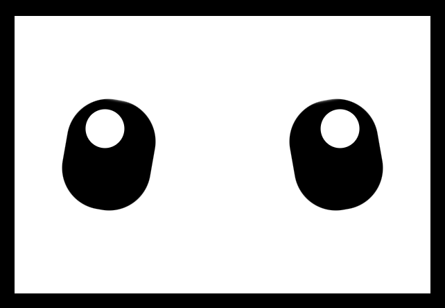 This image displays a pair of simplistic, cartoonish cow eyes in black and white, designed with thick black outlines and a minimalistic style.