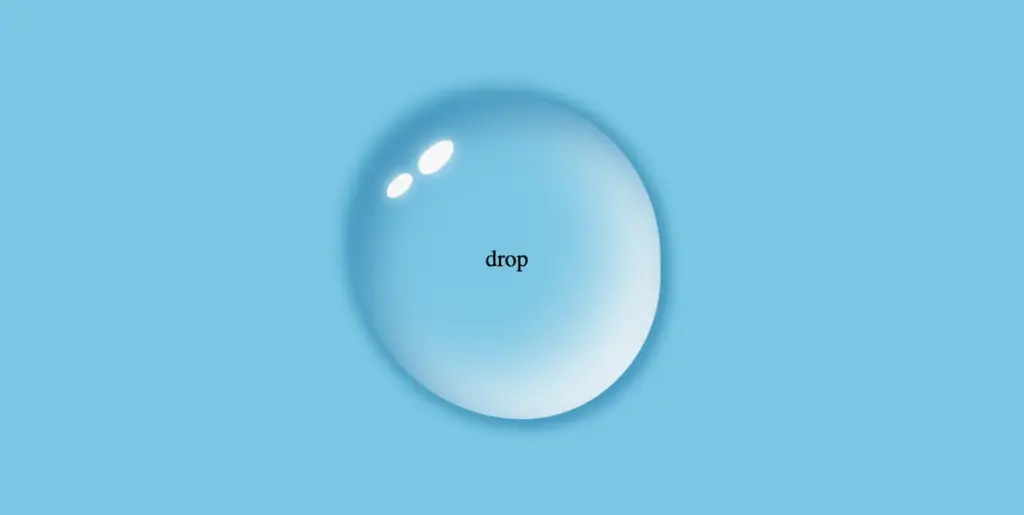 CSS Water drop effect: An image showing a text behind a blue water drop. This water drop has two glances at the top right side. We made them using the :before and :after pseudoelements