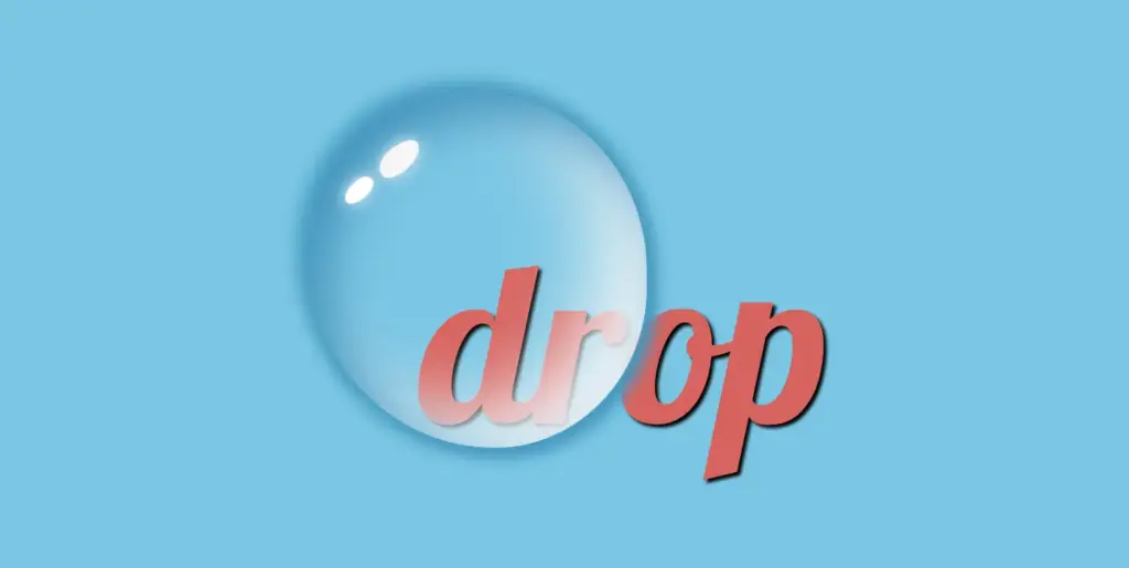 Water drop effect: An image showing a text behind a blue water drop. This water drop has two glances at the top right side.