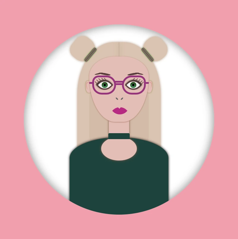 The front side of our 2d card. It is a blond girl with two space buns and green eyes. It wears magenta eyeglasses, magenta lipstick, a dark green blouse and a neckless also dark green color.