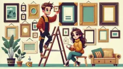 A couple decorating a wall with frames that have different colors and shapes.