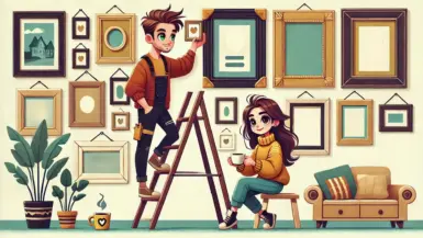 A couple decorating a wall with frames that have different colors and shapes.