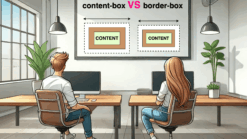 A girl and a boy on an office looking at a big screen, comparing content-box with border-box CSS properties.