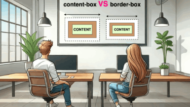 A girl and a boy on an office looking at a big screen, comparing content-box with border-box CSS properties.