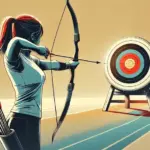 A woman shoots an arrow, hitting the target's bullseye.