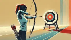 A woman shoots an arrow, hitting the target's bullseye.