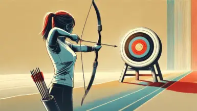 A woman shoots an arrow, hitting the target's bullseye.
