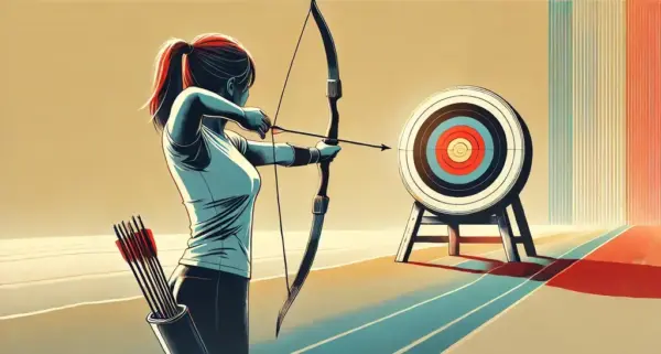 A woman shoots an arrow, hitting the target's bullseye.