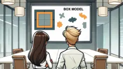 Two colleges in an office, looking at a huge screen a colorful square shape and some puzzle pieces around.