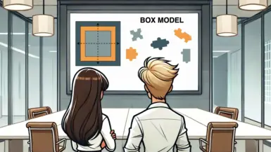 Two colleges in an office, looking at a huge screen a colorful square shape and some puzzle pieces around.