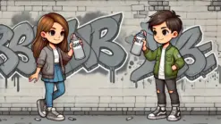 Boy and girl making graffiti with gray and grey sprays.