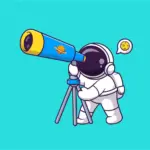 Astronaut looking at the moon through a telescope