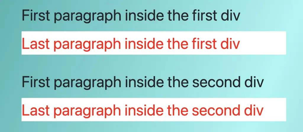 Four paragraphs all colored by default black, apart from the second and last one which has color red and background color white.