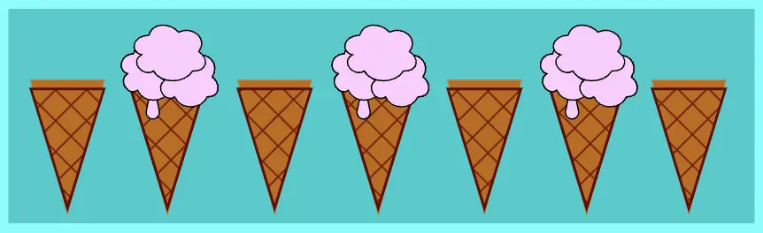 Seven ice cream cones one next to other. The 2nd, 4th and 6th clouds have ice cream strawberry flavor. All the others remain unaffected. We set the css nth-child(even) selector.
