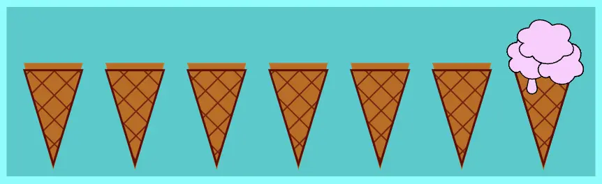Seven ice cream cones one next to other. The last cone has ice cream strawberry flavor. All the others remain unaffected. We set the css nth-last-child(1) selector.