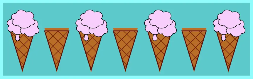 Seven ice cream cones one next to other. The 1st, 3rd, 5th and last have ice cream strawberry flavor. All the others remain unaffected. We set the css nth-child(odd) selector.