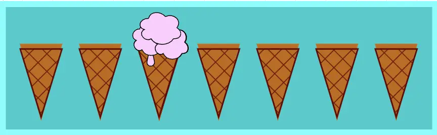 Seven ice cream cones one next to other. The third cone has ice cream strawberry flavor. All the others remain unaffected. We set the css nth-child(3) selector.
