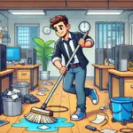 Guy cleaning a messy office