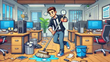 Guy cleaning a messy office