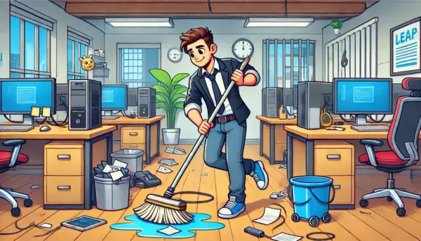 Guy cleaning a messy office