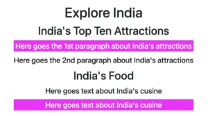 An article HTML element containing<h1>, <h2>, <p>, and <div> elements. All have default styling except the first <p> and the second <div> elements, which have a magenta background and white text, styled using the p:nth-of-type(1) and div:nth-of-type(2) CSS selectors.
