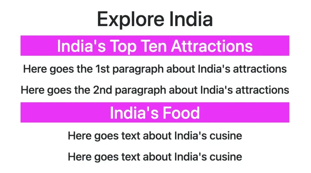 An article HTML element containing<h1>, <h2>, <p>, and <div> elements. All have default styling except the <h2> elements, which have a magenta background and white text, styled using the h2:nth-of-type(n) CSS selector.