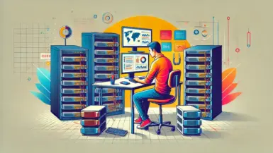 Guy sitting in front of two servers