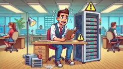 Guy sitting besides a server in trouble because of errors shown while configuring it