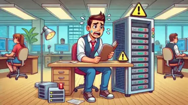 Guy sitting besides a server in trouble because of errors shown while configuring it