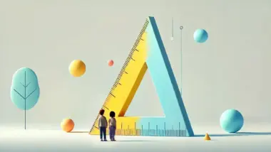 Two tiny people looking at a huge triangle ruler.