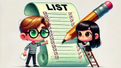 Boy and girl checking a huge list with tick marks holding a huge pencil.