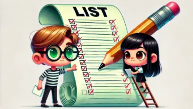 Boy and girl checking a huge list with tick marks holding a huge pencil.