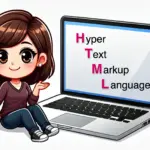 A girl siiting next to a huge screen that has the "Hyper Text Markup Language" written on