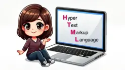 A girl siiting next to a huge screen that has the "Hyper Text Markup Language" written on