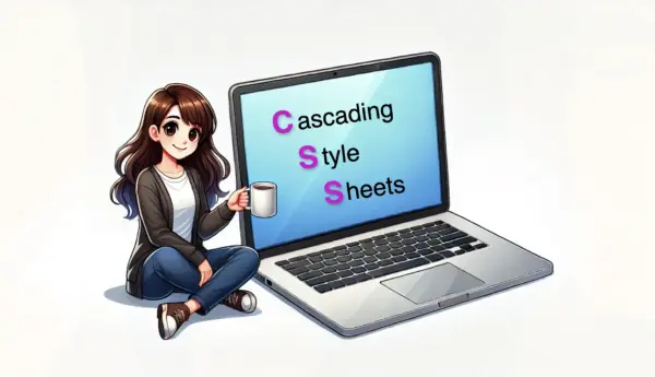 A girl siiting next to a huge screen that has the "Cascading Style Sheet" written on