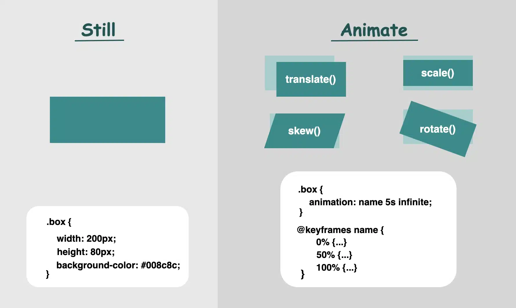 An image splited, showing the difference between stillness and dynamic design utilizing CSS properties